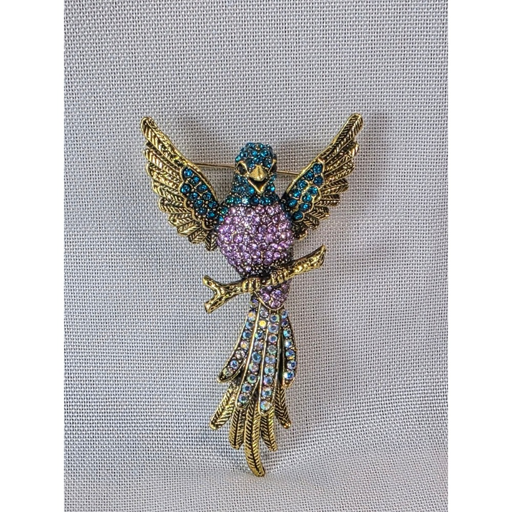 Gold Tone Rhinestone Bird Parrott Brooch Purple Teal Aurora Borealis Wings Pin